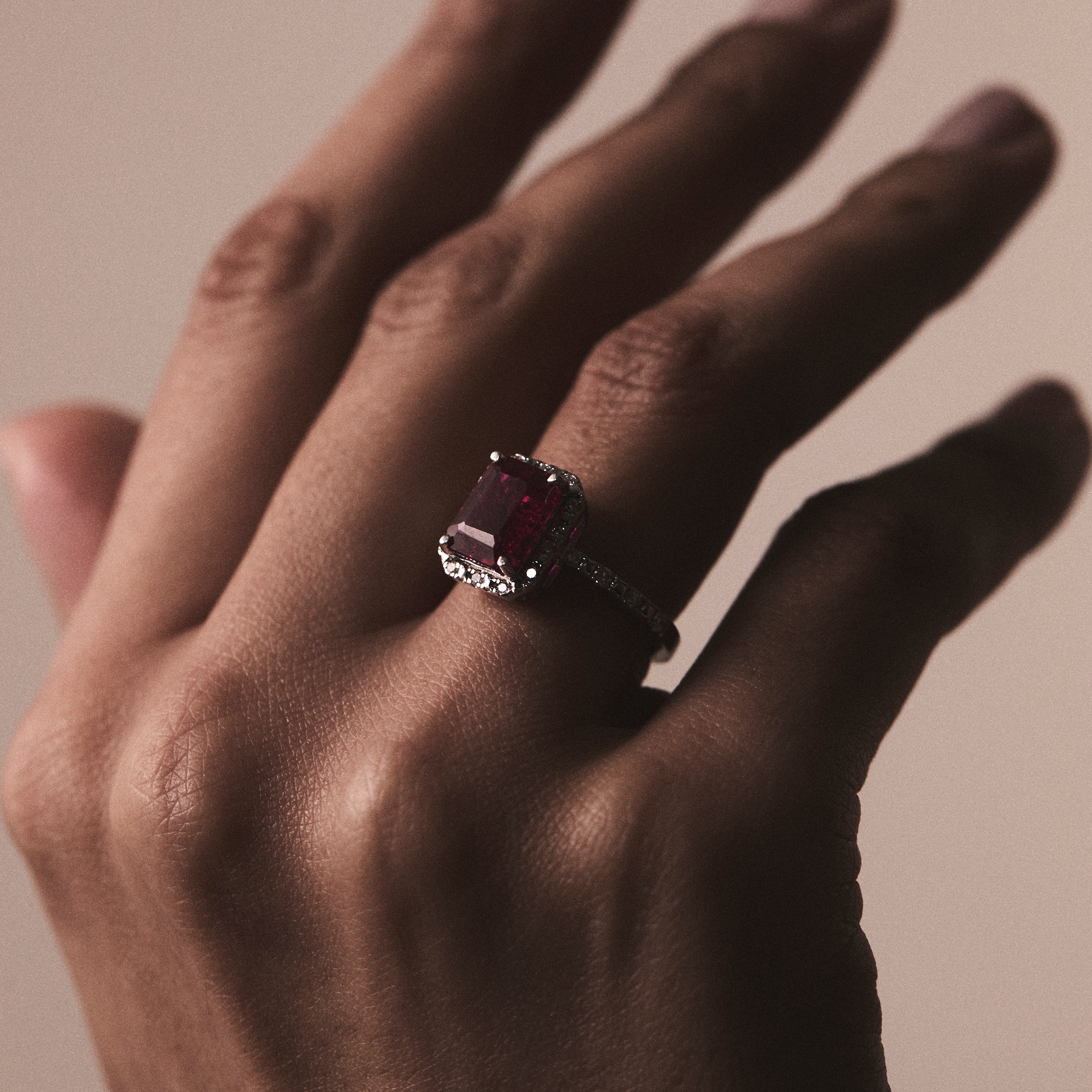 Astra 1.90ct Lab Ruby and Diamond Halo Shoulder Set Octagon Cut Ring in Silver